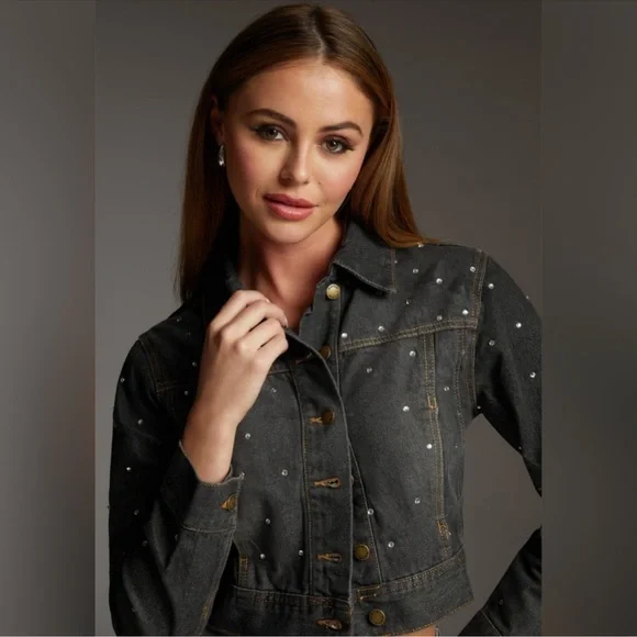 Bebe Black Jean Jacket with Stud Accents - Picture 1 of 10